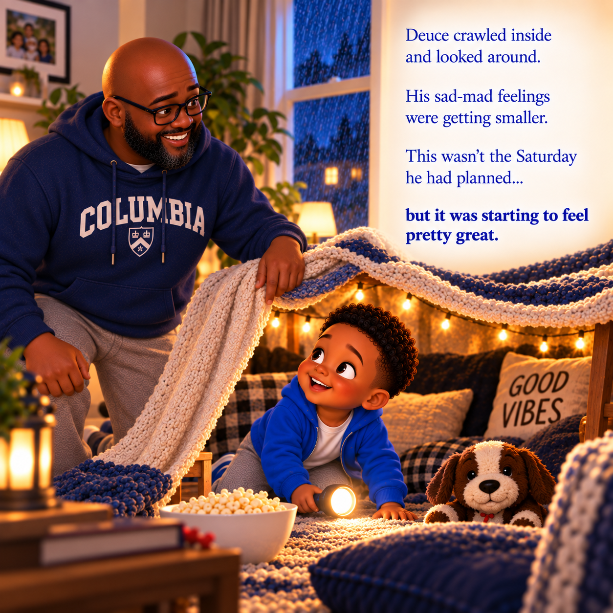 Final book page showing Deuce and Dad exploring their illuminated blanket fort