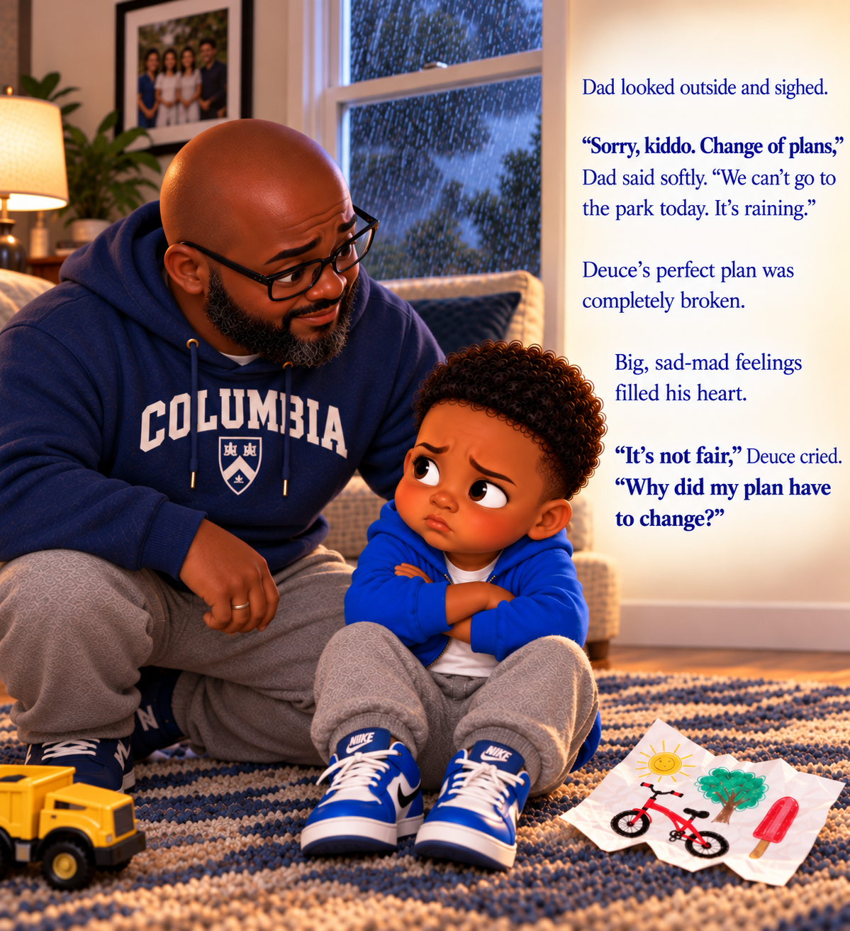 Final rainy-day book page showing a disappointed Deuce sitting beside Dad